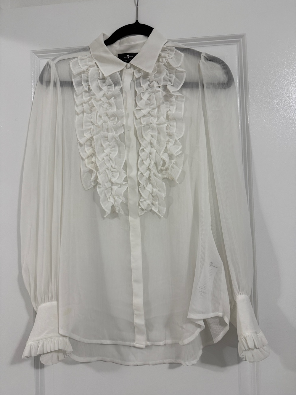 7 For All Mankind Ruffle-Front Sheer Blouse - White